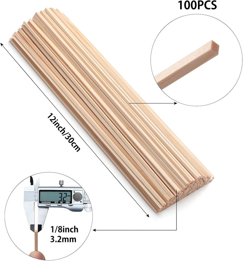 Coowayze 1/8" x 12" Square Wooden Dowel Rods Wood Square Dowels for Crafting, 100PCS Small Unfinished Wood Craft Sticks Hardwood Sticks Wooden Strips for Arts and DIYers, Miniature Buildings, Woodworking - Image 2